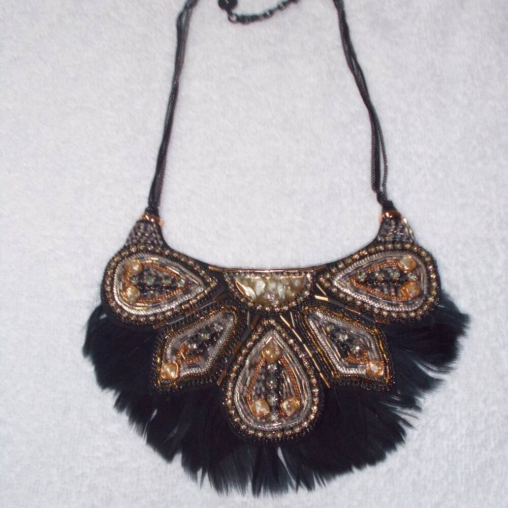Tribal look black leather/bead/feather necklace